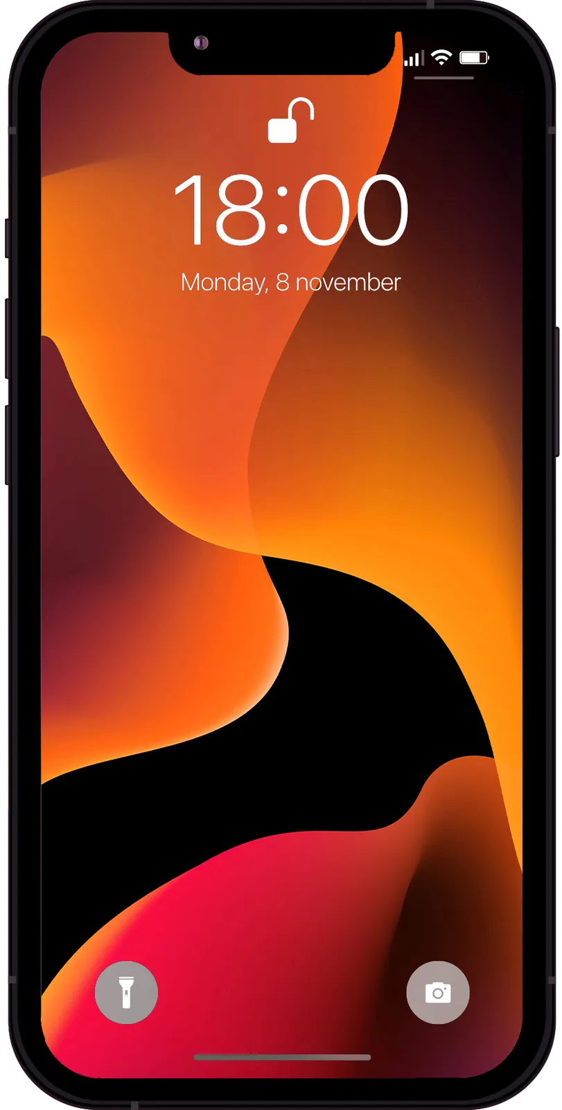Smartphone with orange gradient lock screen showing time 18:00 Monday, 8 November