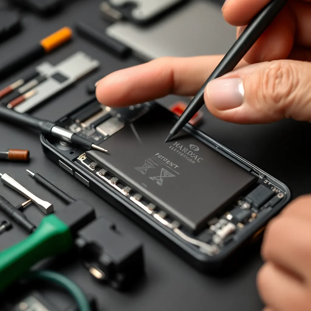 Close-up of hand repairing smartphone battery with tools