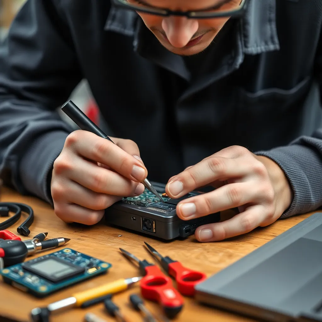 Closeup image of a person repairing an electronic device with tools on a workbench
