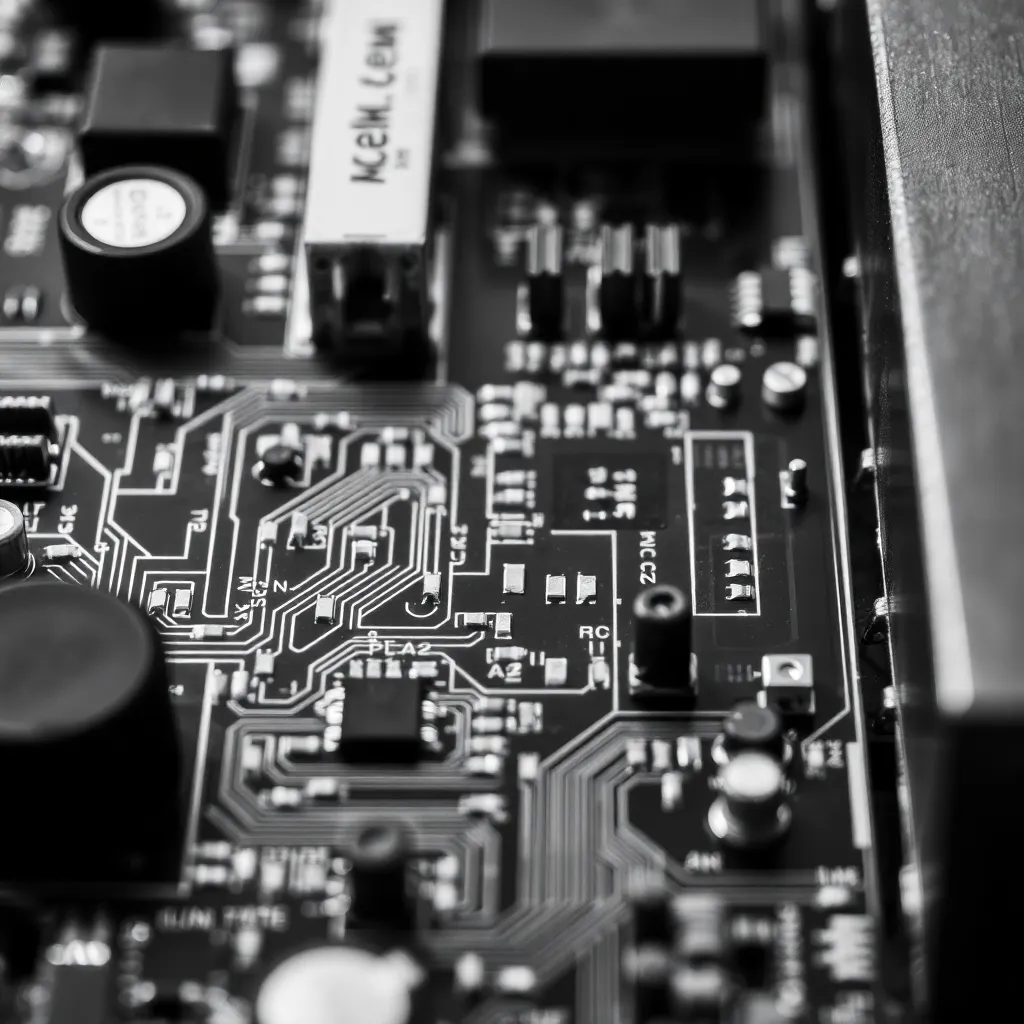 Black and white close-up of electronic circuit board with components