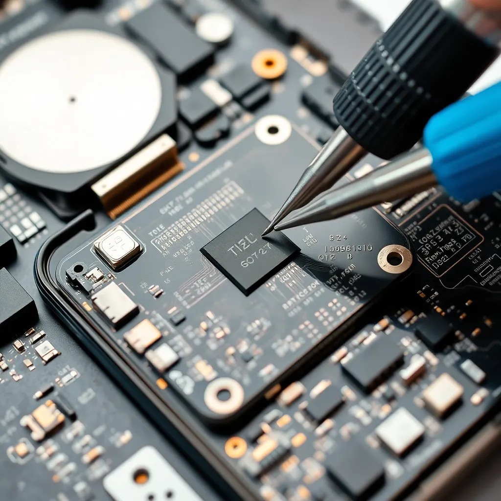 Close-up of hand repairing smartphone camera with tools on table