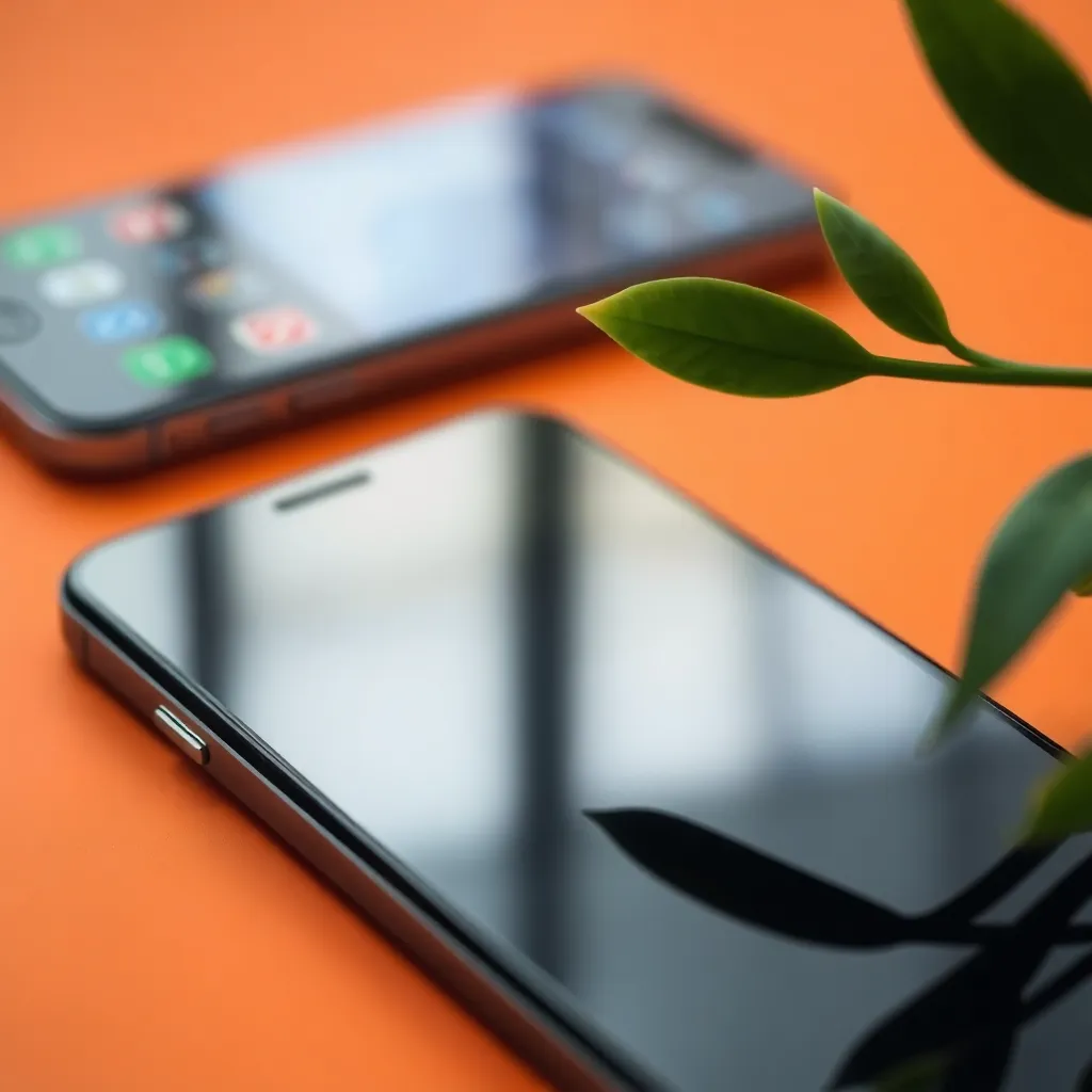Smartphone lying on an orange surface with a green plant on the top right corner