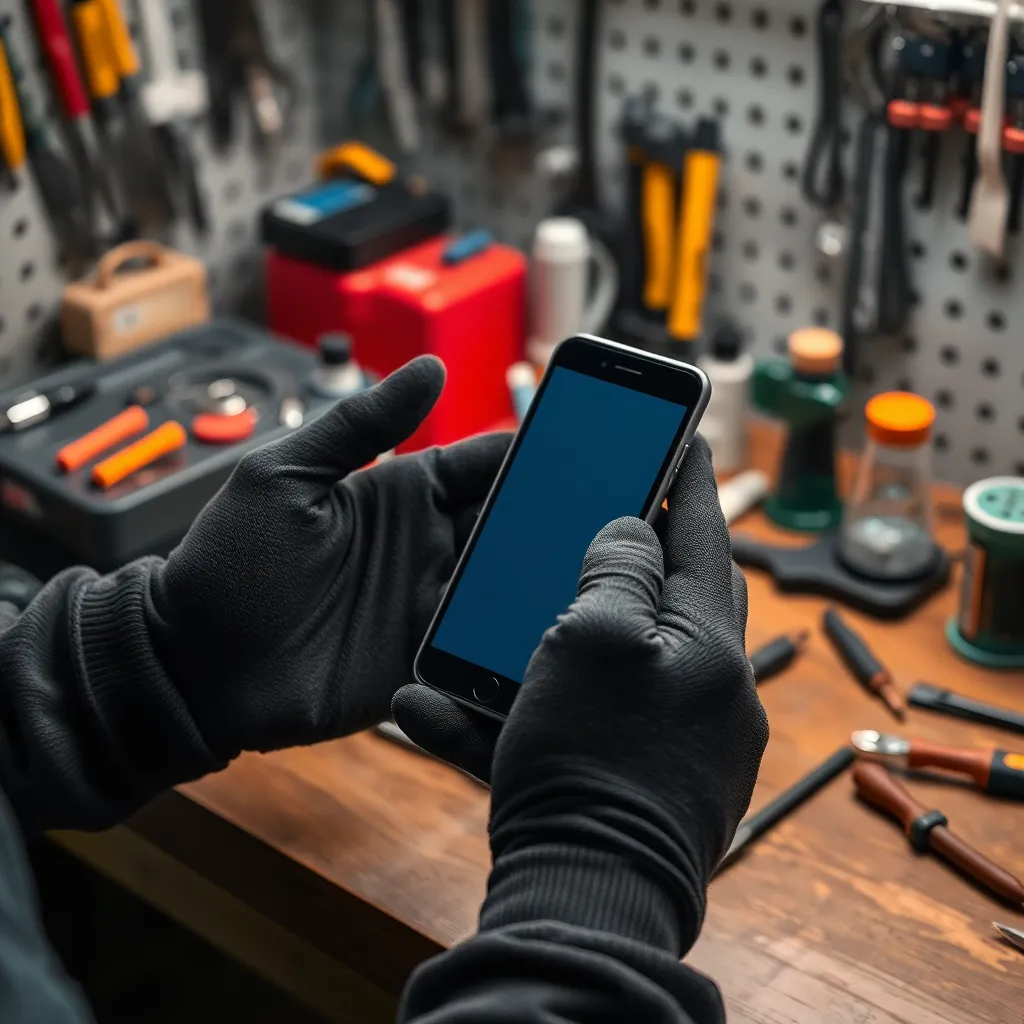 Repair workbench with hands wearing gloves holding a smartphone, surrounded by tools and repair equipment on a workbench with warm orange lighting