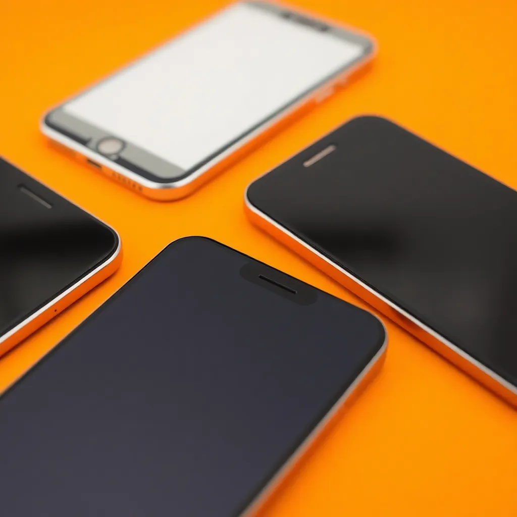 Close-up of disassembled smartphone screens with orange background