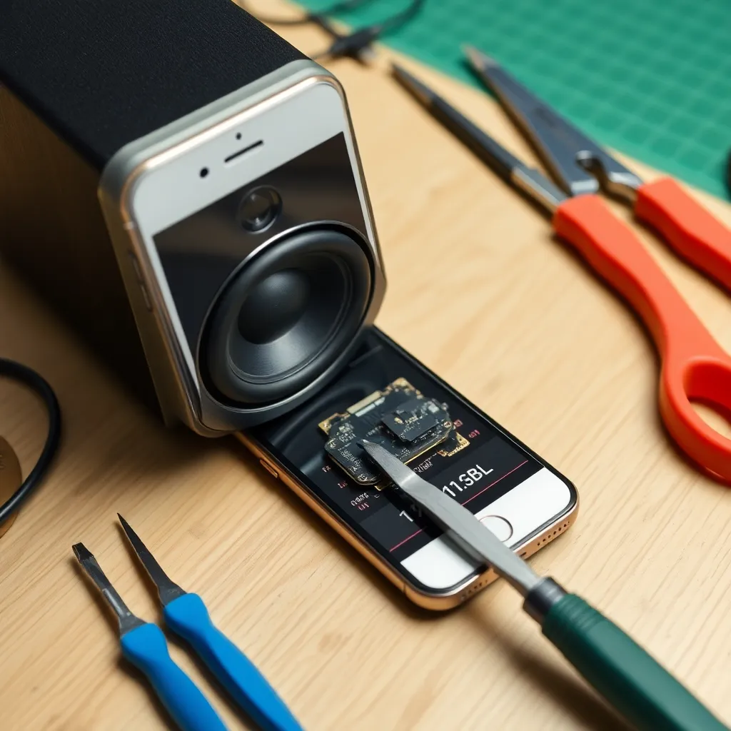 Close-up of hand repairing smartphone camera with tools on table